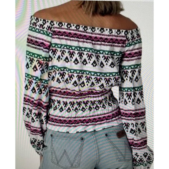 Wrangler Retro Womens Boho Off-Shoulder Top L Multicolor Rayon - Picture 2 of 16